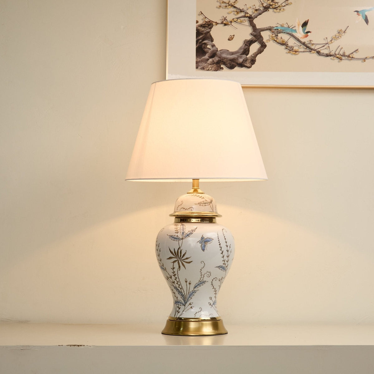 Gilt Accent Ceramic Table Lamp with Floral Motif Shade