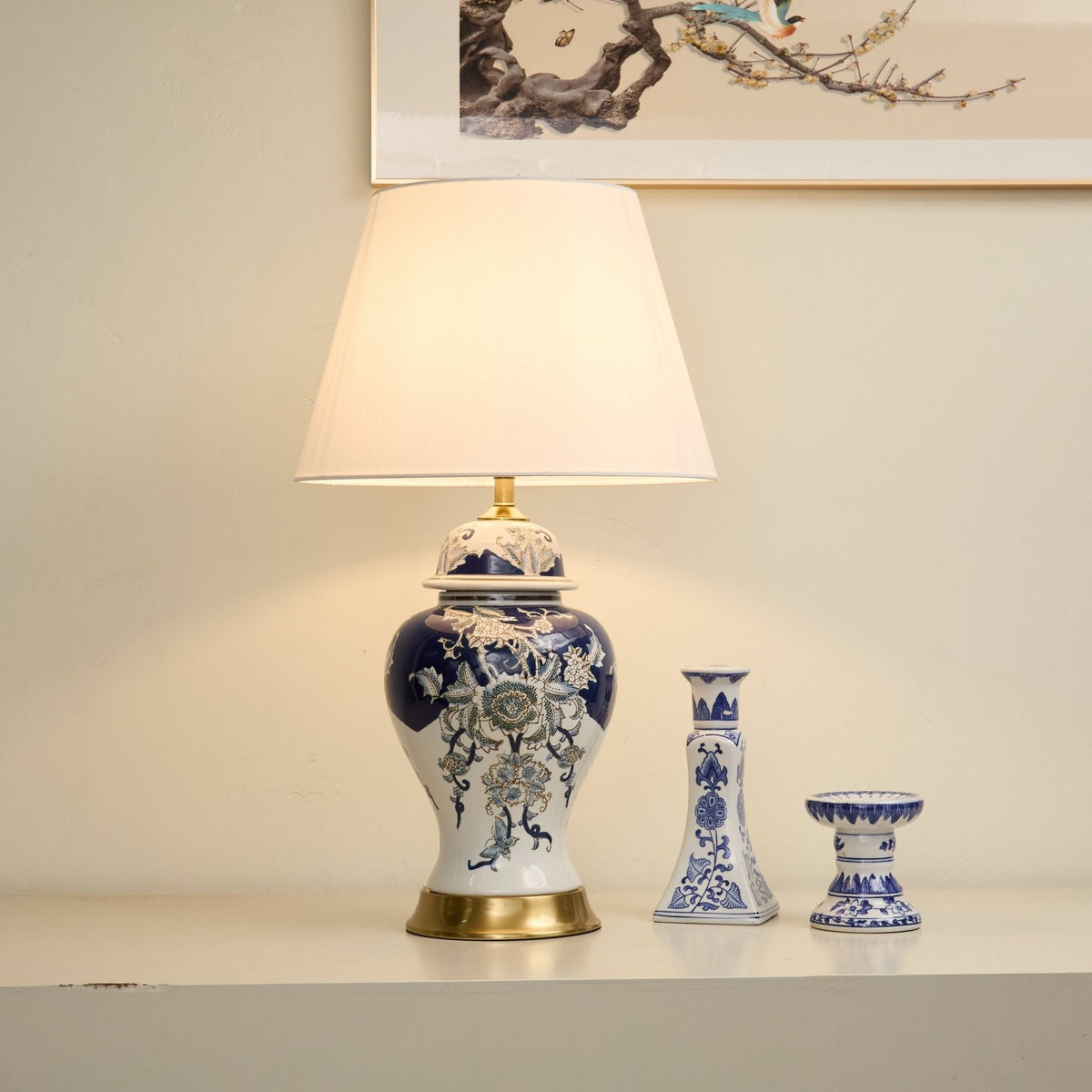 Gilt Accent Ceramic Table Lamp with Fabric Shade