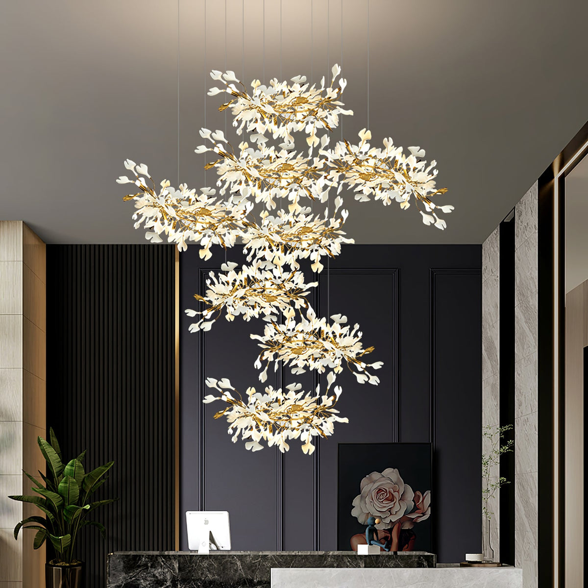 Gingko Leaves Linear Chandelier – Hand-Cast Porcelain Sculptural Pendant Light