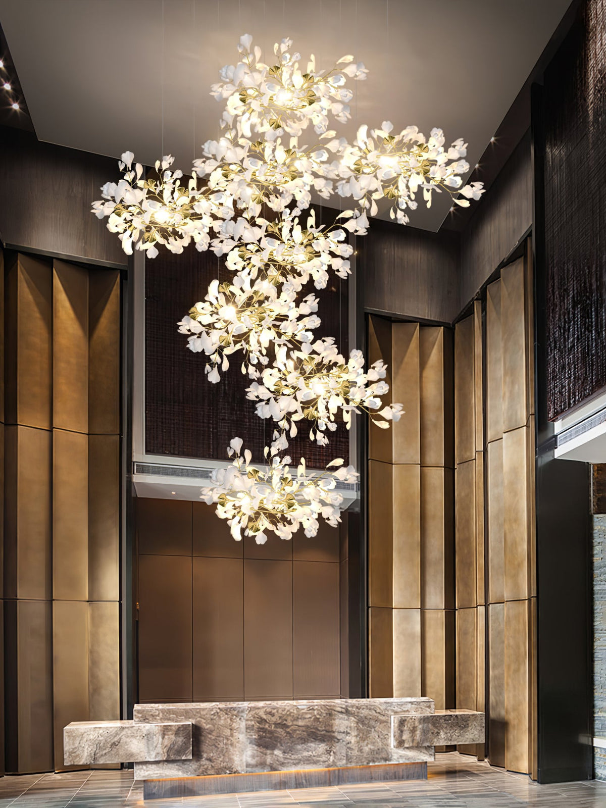 Gingko Leaves Linear Chandelier – Hand-Cast Porcelain Sculptural Pendant Light