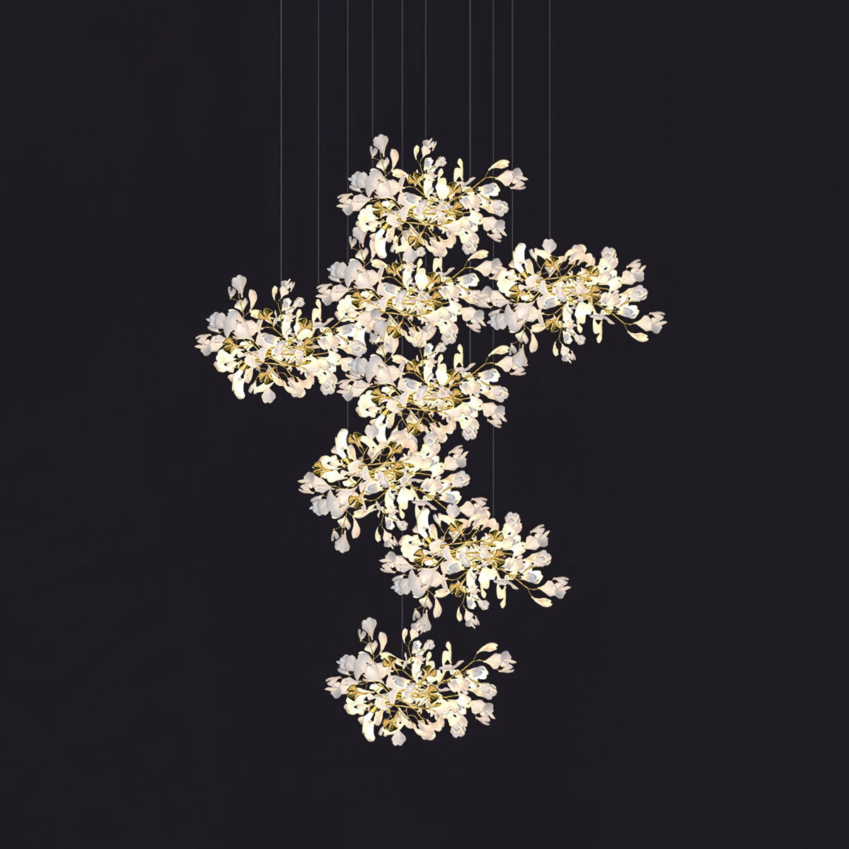 Gingko Leaves Linear Chandelier – Hand-Cast Porcelain Sculptural Pendant Light