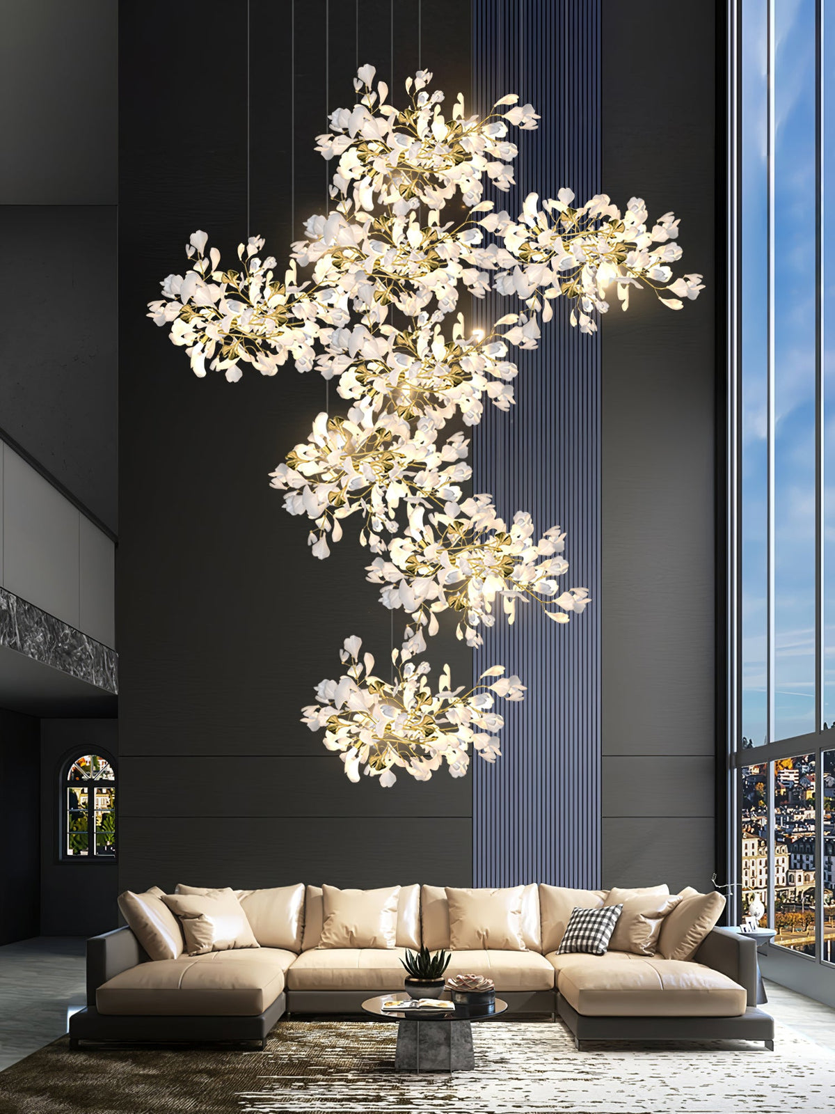 Gingko Leaves Linear Chandelier – Hand-Cast Porcelain Sculptural Pendant Light