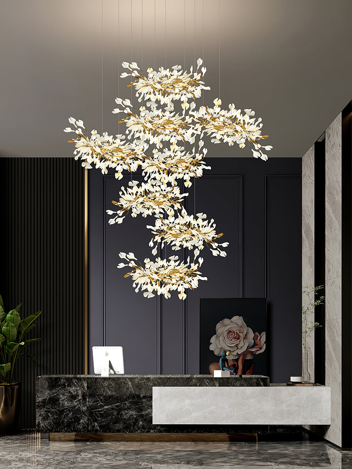 Gingko Leaves Linear Chandelier – Hand-Cast Porcelain Sculptural Pendant Light