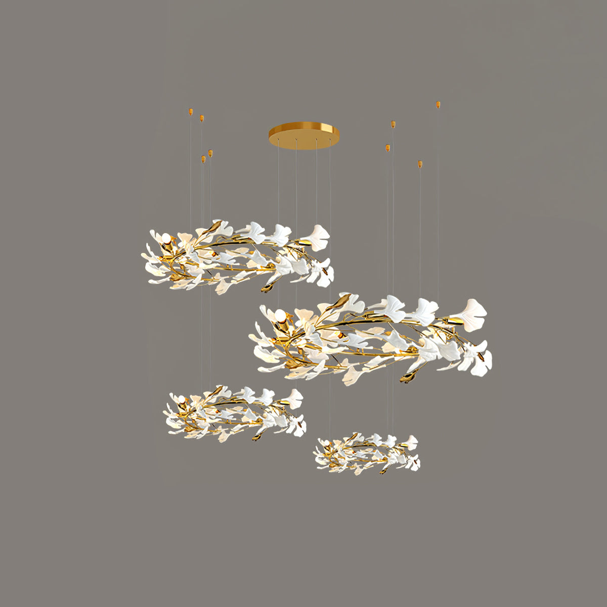 Gingko Leaves Linear Chandelier – Hand-Cast Porcelain Sculptural Pendant Light