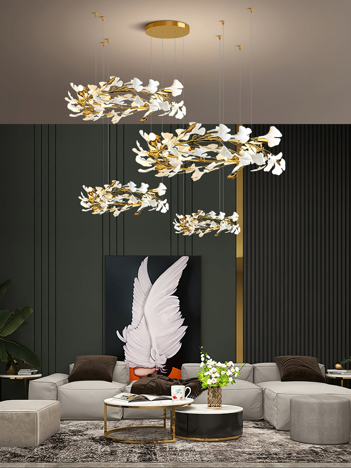 Gingko Leaves Linear Chandelier – Hand-Cast Porcelain Sculptural Pendant Light