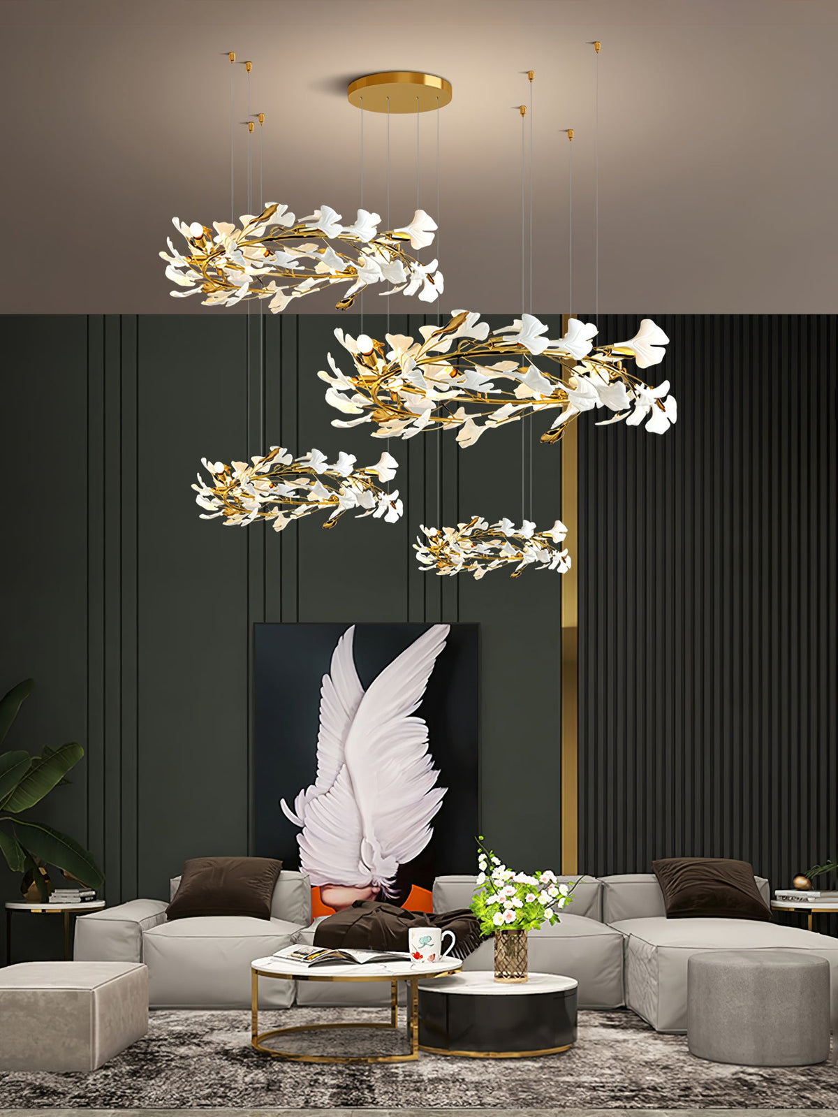 Gingko Leaves Linear Chandelier – Hand-Cast Porcelain Sculptural Pendant Light