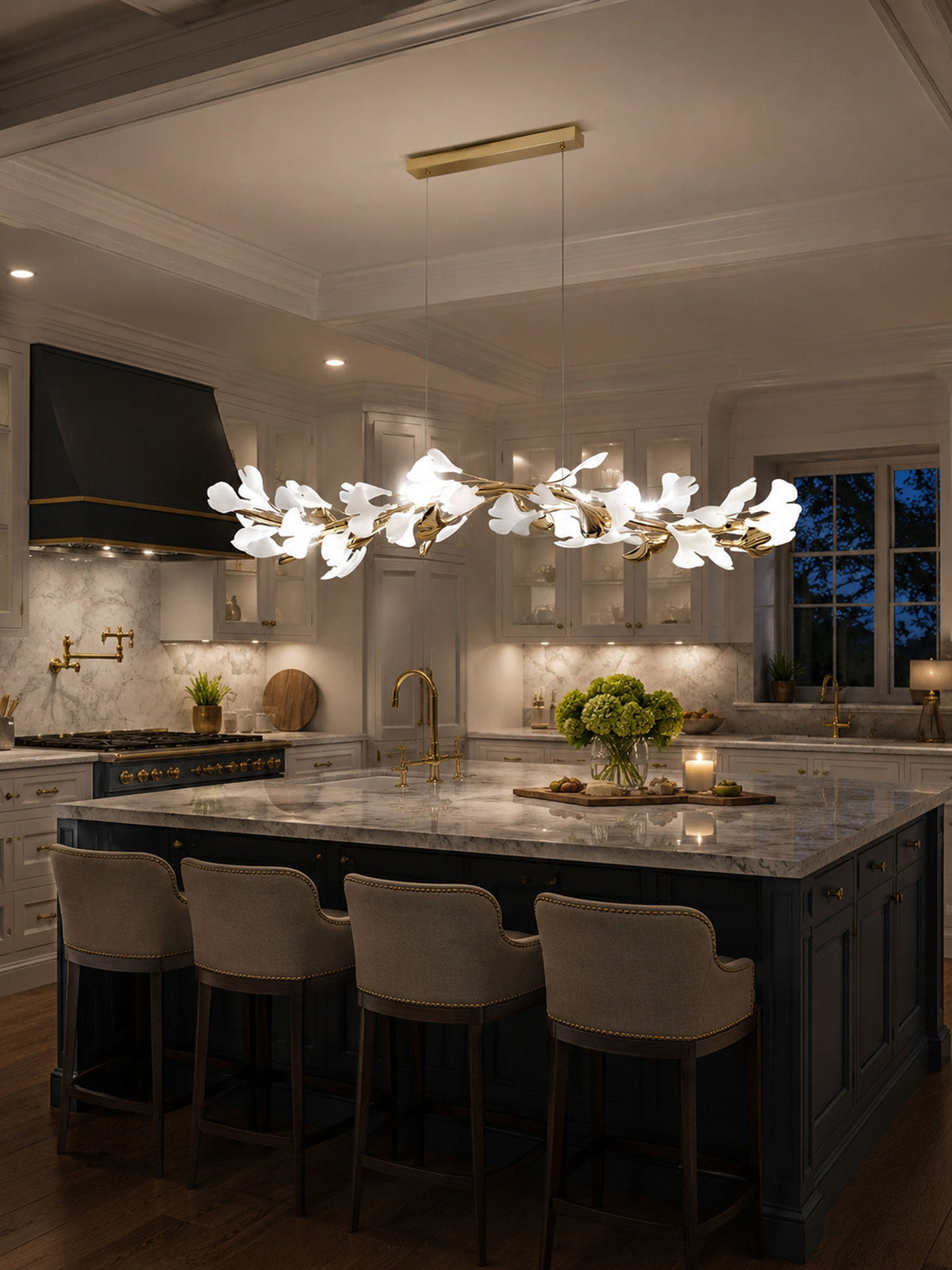 Gingko Garland Chandelier – Hand-Cast Porcelain Leaves in Brushed Gold