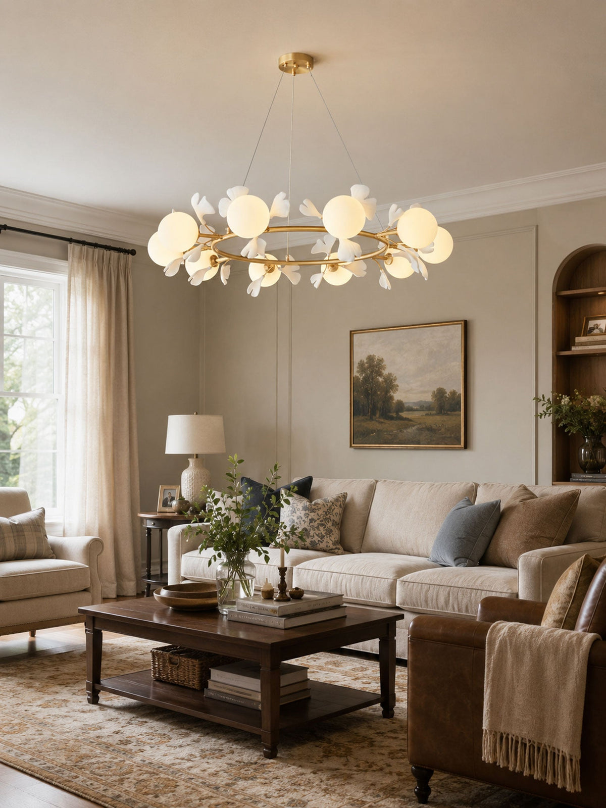 Gingko Orb Brass Chandelier with Porcelain Leaves and Glass Globes