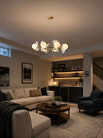 Gingko Orb Brass Chandelier with Porcelain Leaves and Glass Globes