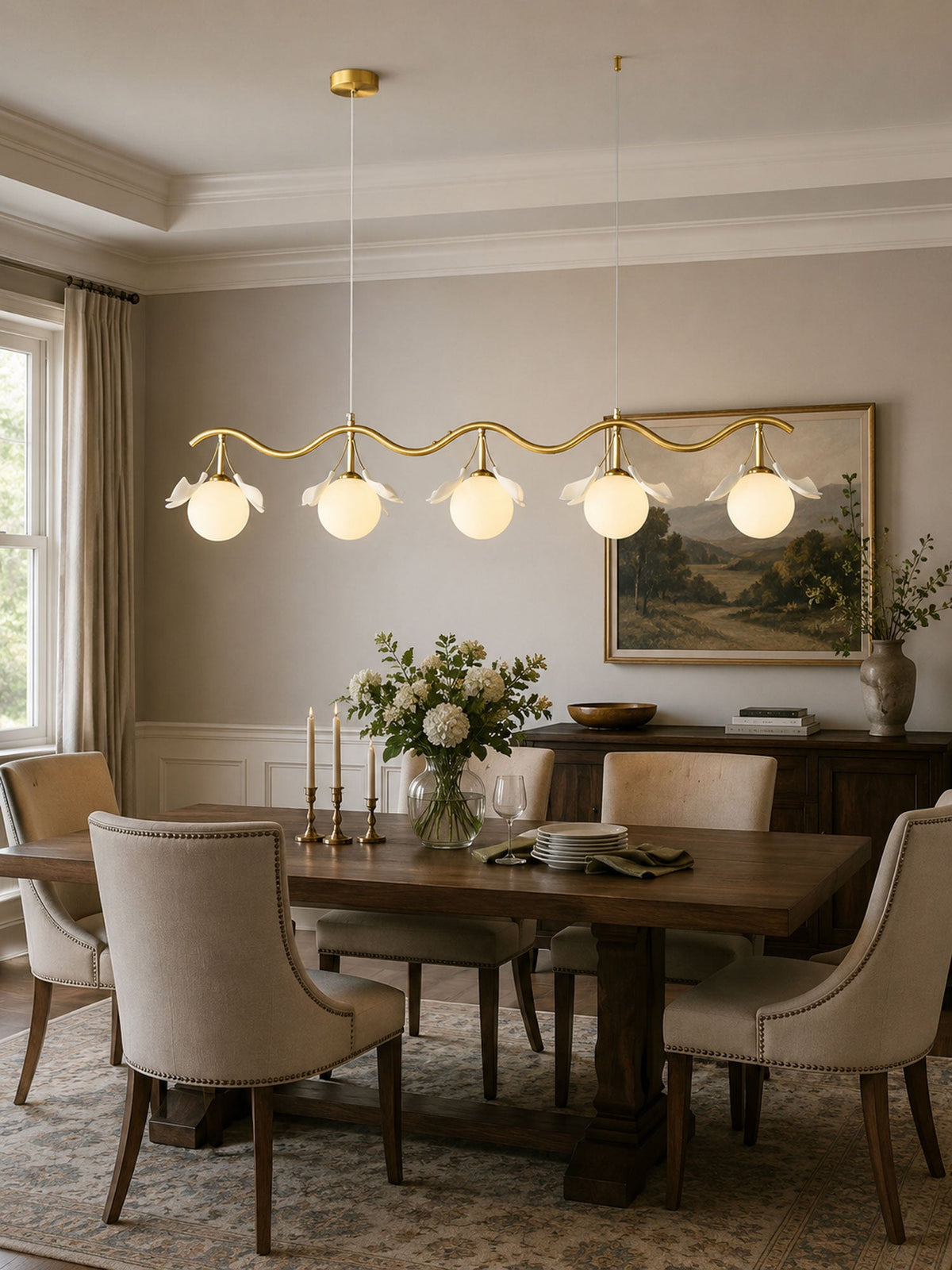 Gingko Orb Brass Chandelier with Porcelain Leaves and Glass Globes