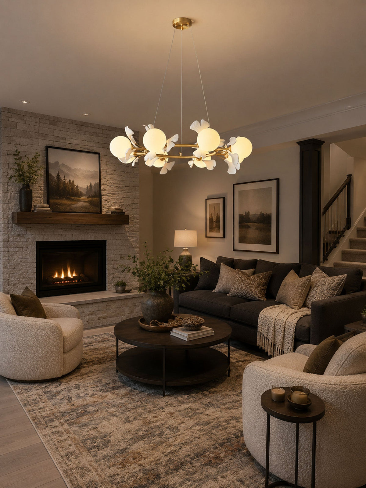 Gingko Orb Brass Chandelier with Porcelain Leaves and Glass Globes