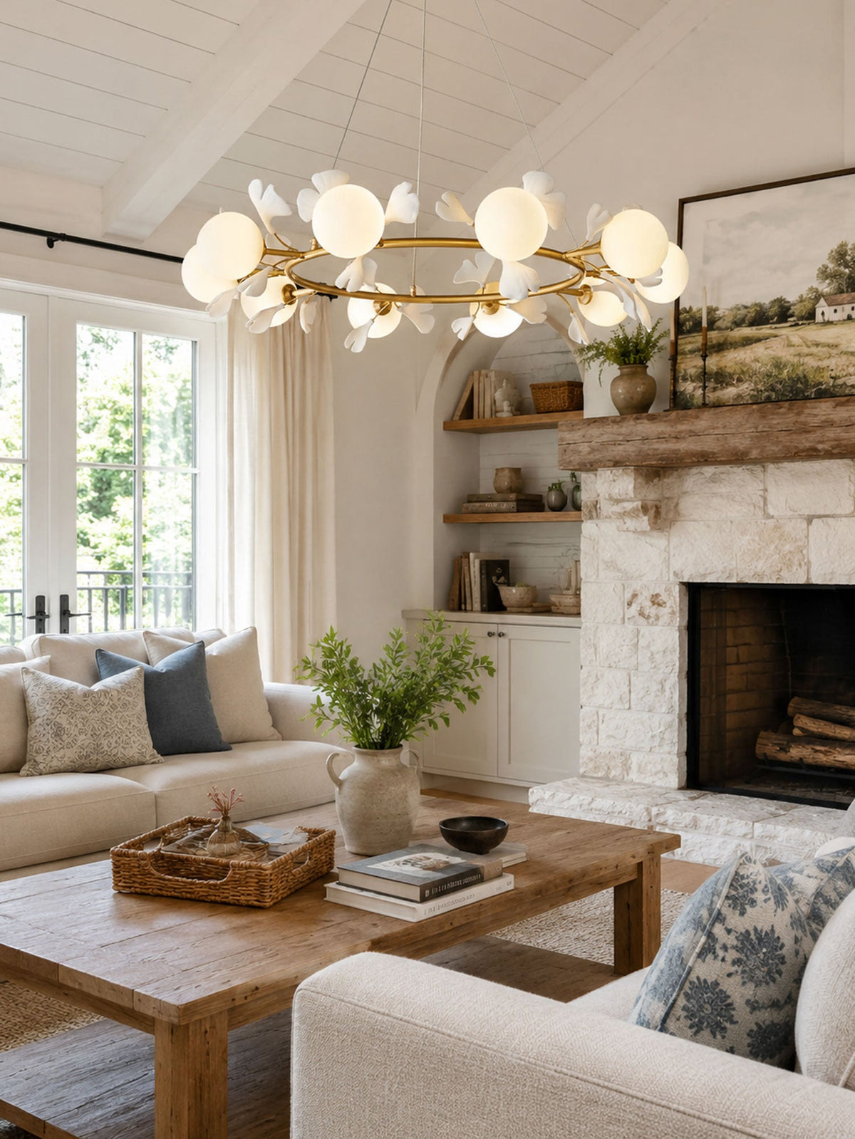 Gingko Orb Brass Chandelier with Porcelain Leaves and Glass Globes