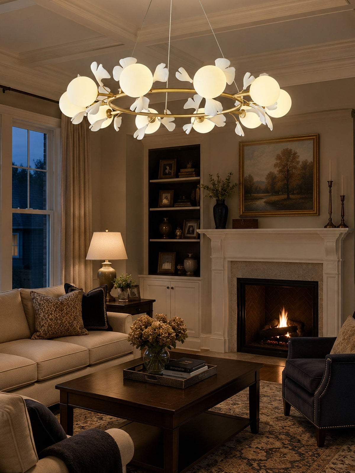Gingko Orb Brass Chandelier with Porcelain Leaves and Glass Globes