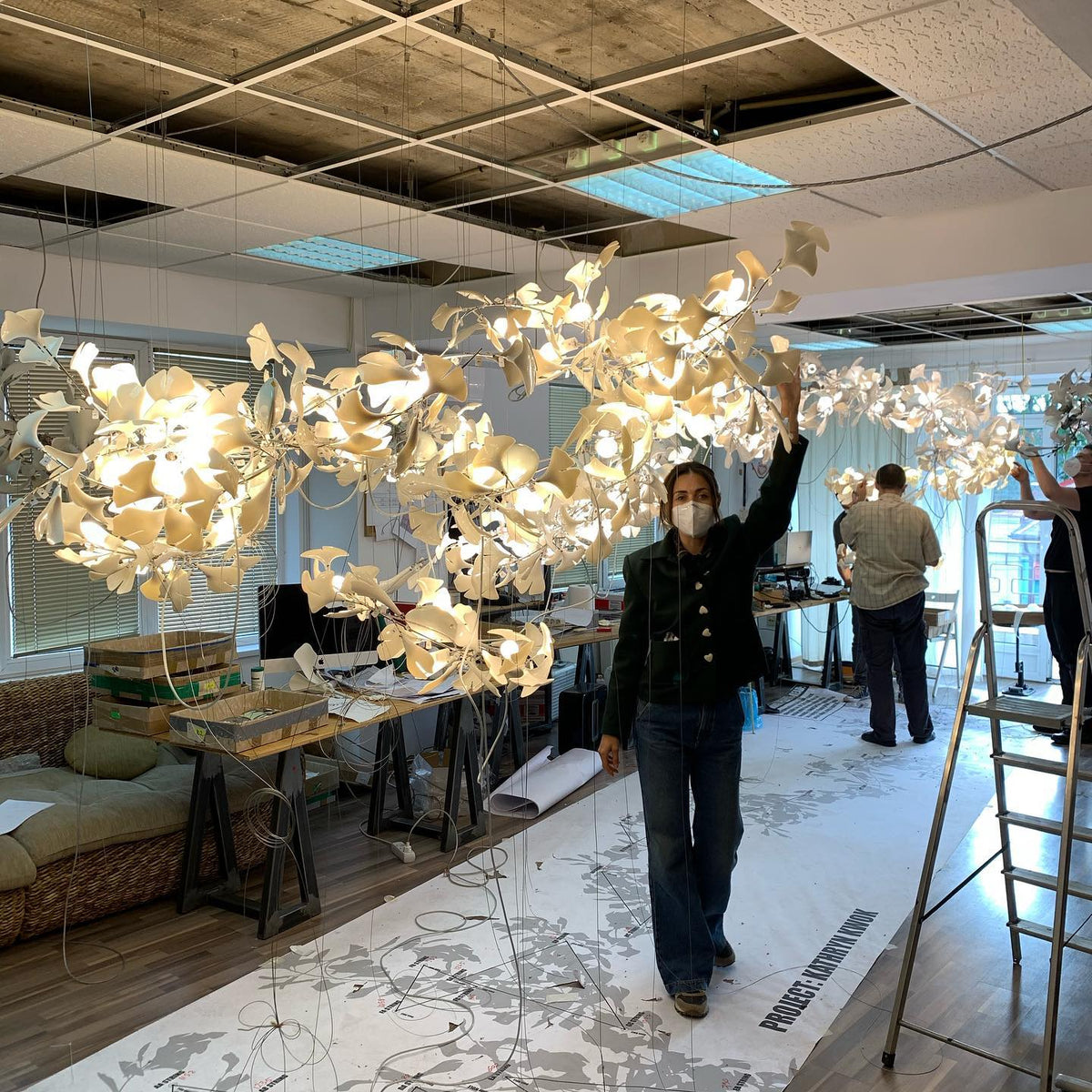 Gingko Leaves Linear Chandelier – Hand-Cast Porcelain Sculptural Pendant Light