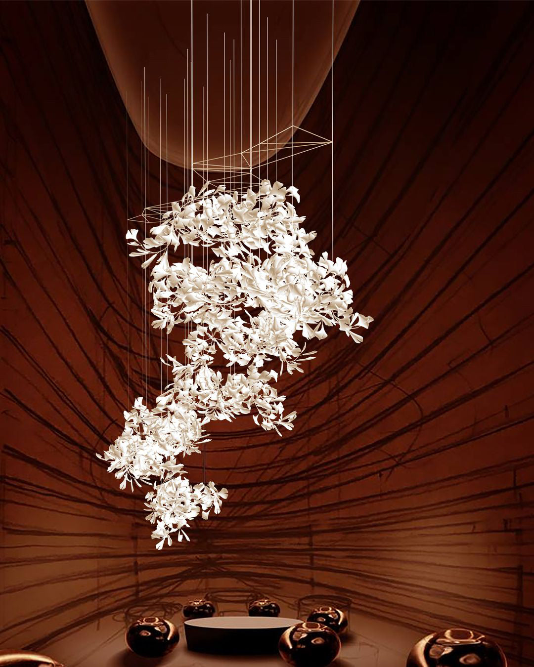 Gingko Leaves Linear Chandelier – Hand-Cast Porcelain Sculptural Pendant Light