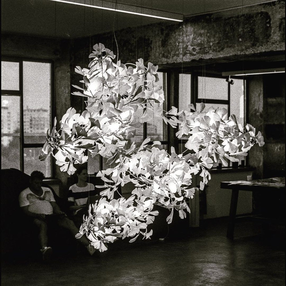 Gingko Leaves Linear Chandelier – Hand-Cast Porcelain Sculptural Pendant Light
