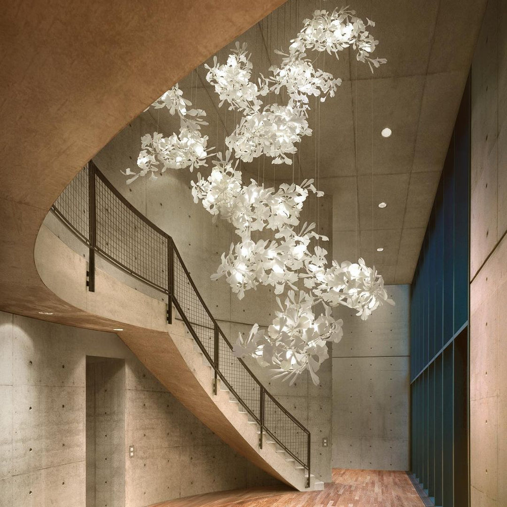 Gingko Leaves Linear Chandelier – Hand-Cast Porcelain Sculptural Pendant Light