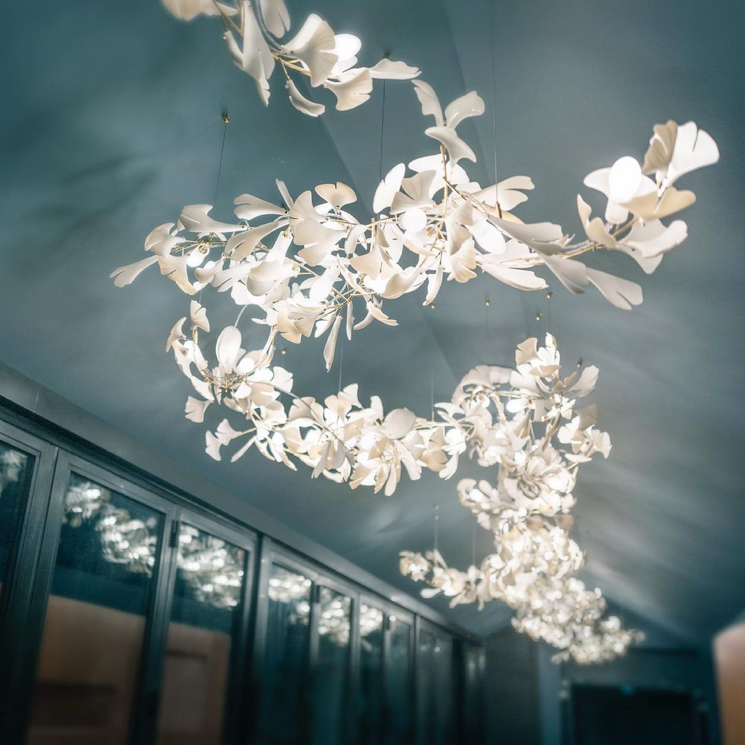 Gingko Leaves Linear Chandelier – Hand-Cast Porcelain Sculptural Pendant Light