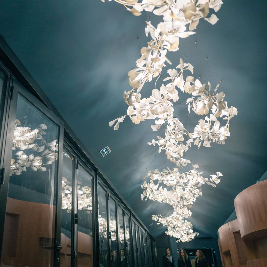 Gingko Leaves Linear Chandelier – Hand-Cast Porcelain Sculptural Pendant Light