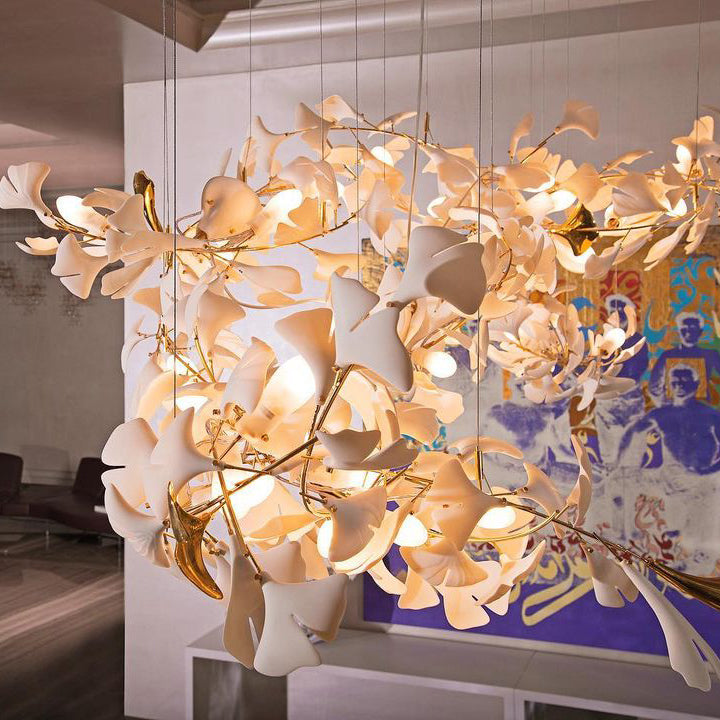 Gingko Leaves Linear Chandelier – Hand-Cast Porcelain Sculptural Pendant Light