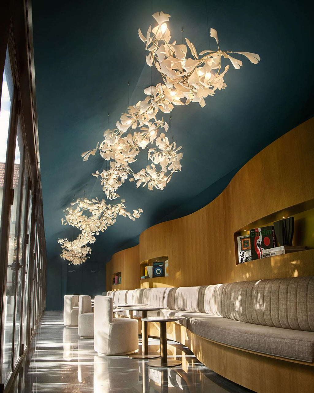 Gingko Leaves Linear Chandelier – Hand-Cast Porcelain Sculptural Pendant Light