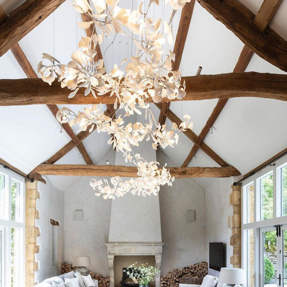 Gingko Leaves Linear Chandelier – Hand-Cast Porcelain Sculptural Pendant Light