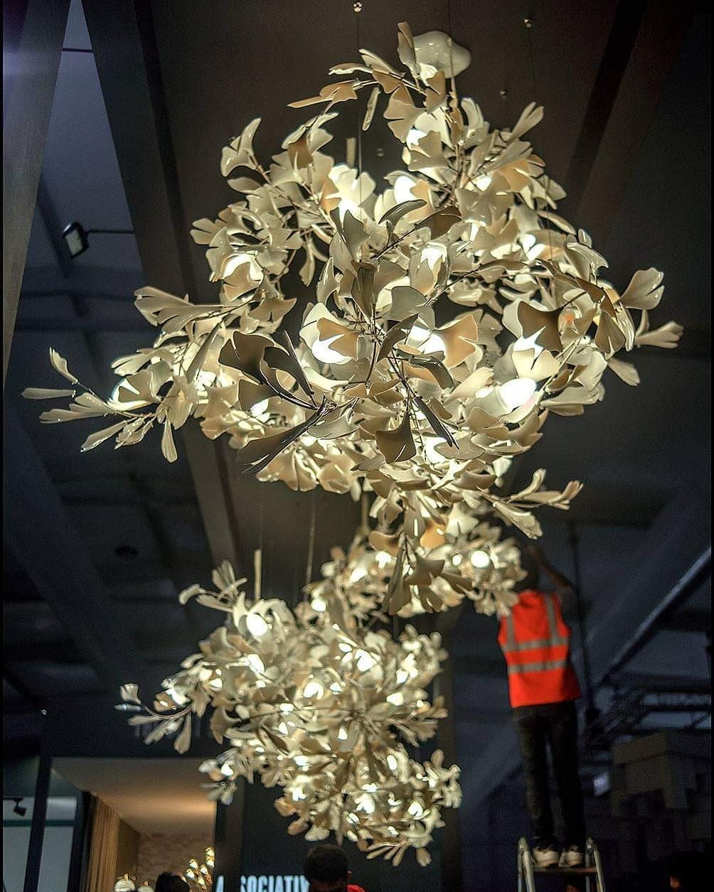 Gingko Leaves Linear Chandelier – Hand-Cast Porcelain Sculptural Pendant Light