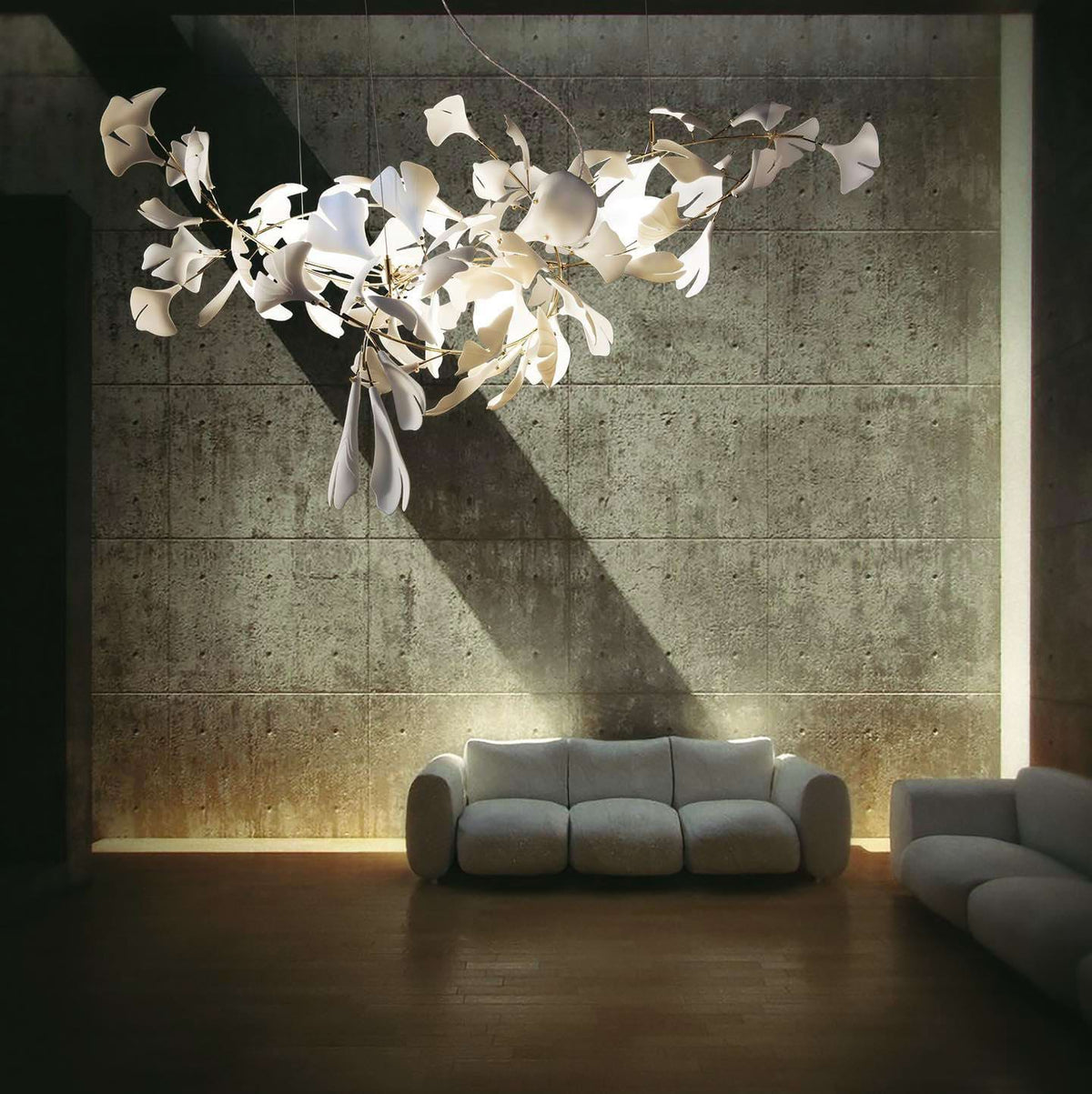 Gingko Leaves Linear Chandelier – Hand-Cast Porcelain Sculptural Pendant Light