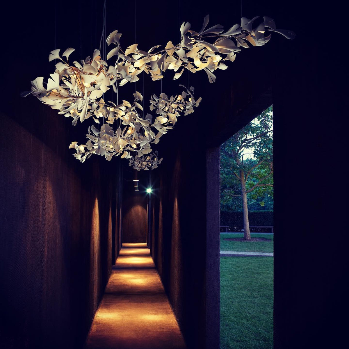 Gingko Leaves Linear Chandelier – Hand-Cast Porcelain Sculptural Pendant Light