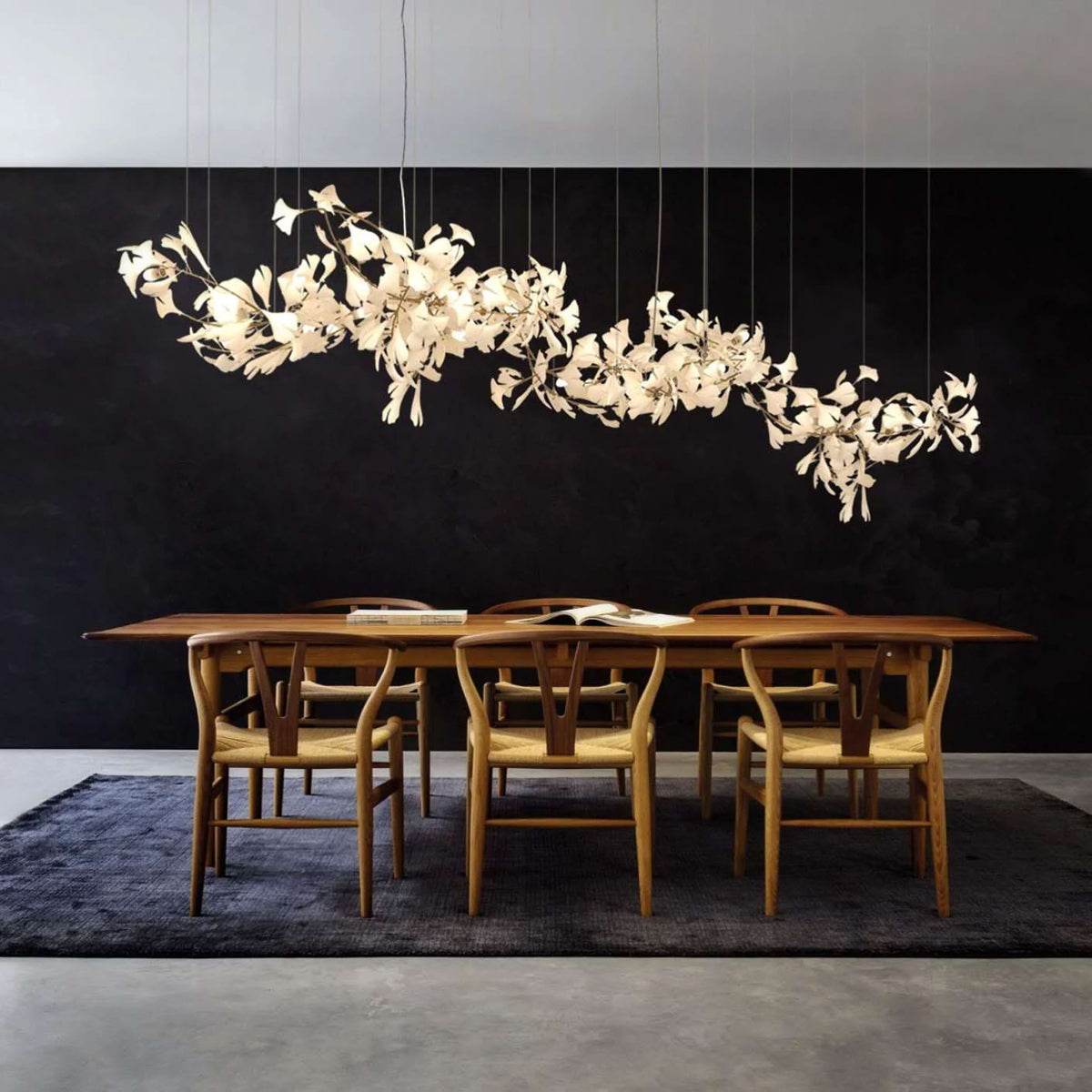 Gingko Leaves Linear Chandelier – Hand-Cast Porcelain Sculptural Pendant Light