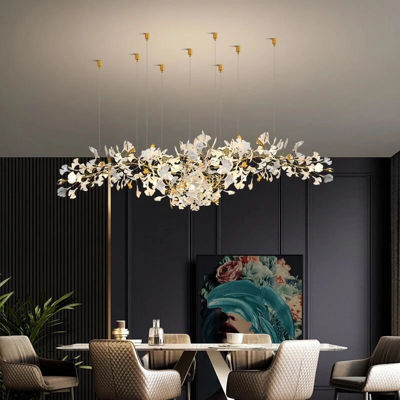 Gingko Leaves Linear Chandelier – Hand-Cast Porcelain Sculptural Pendant Light