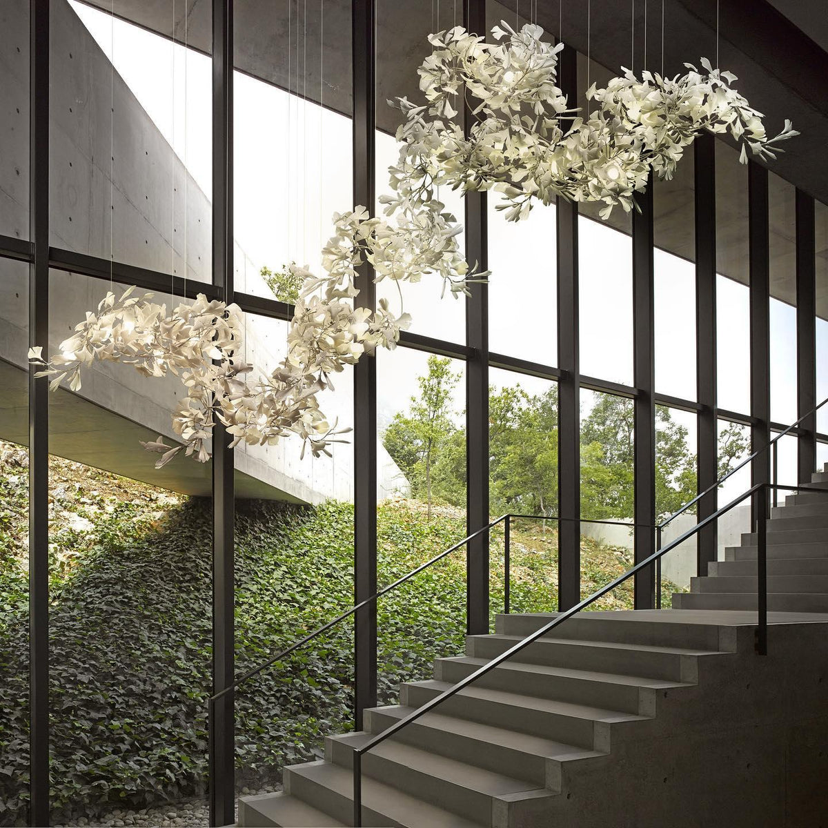 Gingko Leaves Linear Chandelier – Hand-Cast Porcelain Sculptural Pendant Light