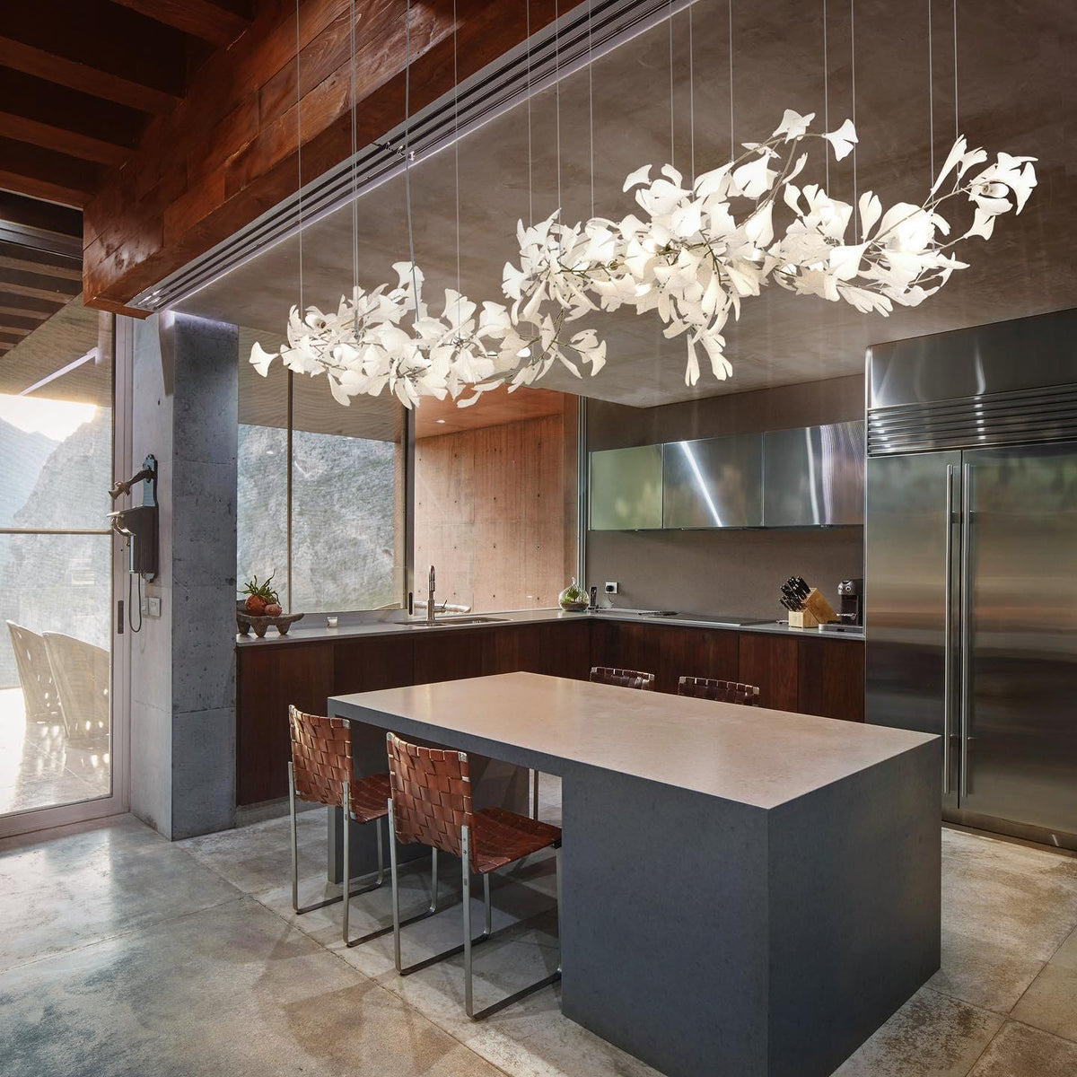 Gingko Leaves Linear Chandelier – Hand-Cast Porcelain Sculptural Pendant Light