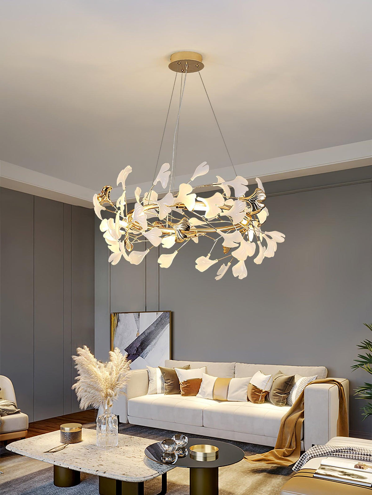 Gingko Garland Chandelier – Hand-Cast Porcelain Leaves in Brushed Gold