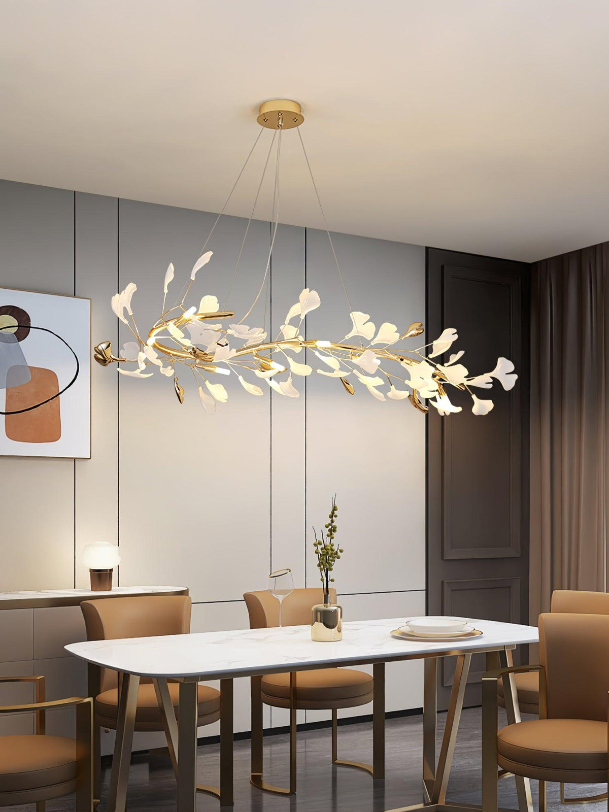 Gingko Garland Chandelier – Hand-Cast Porcelain Leaves in Brushed Gold