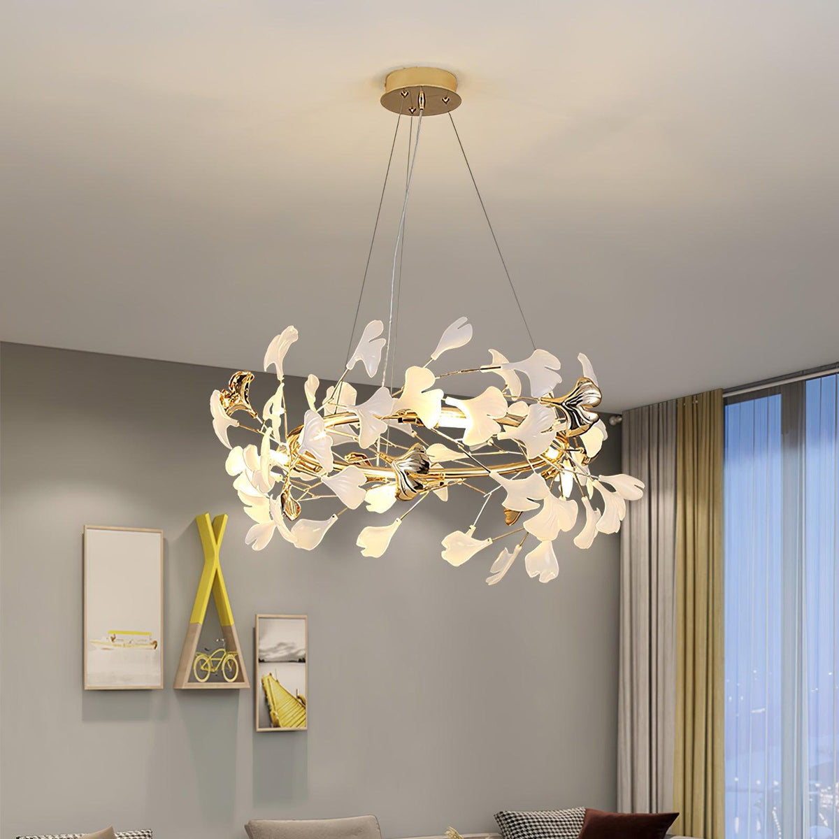 Gingko Garland Chandelier – Hand-Cast Porcelain Leaves in Brushed Gold