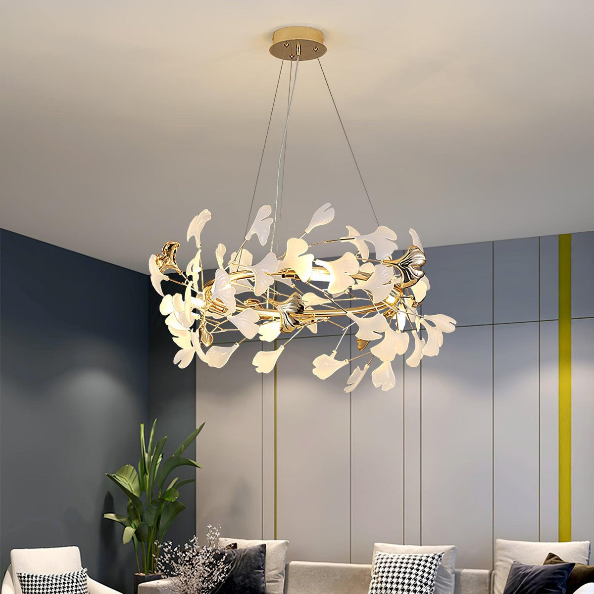 Gingko Garland Chandelier – Hand-Cast Porcelain Leaves in Brushed Gold