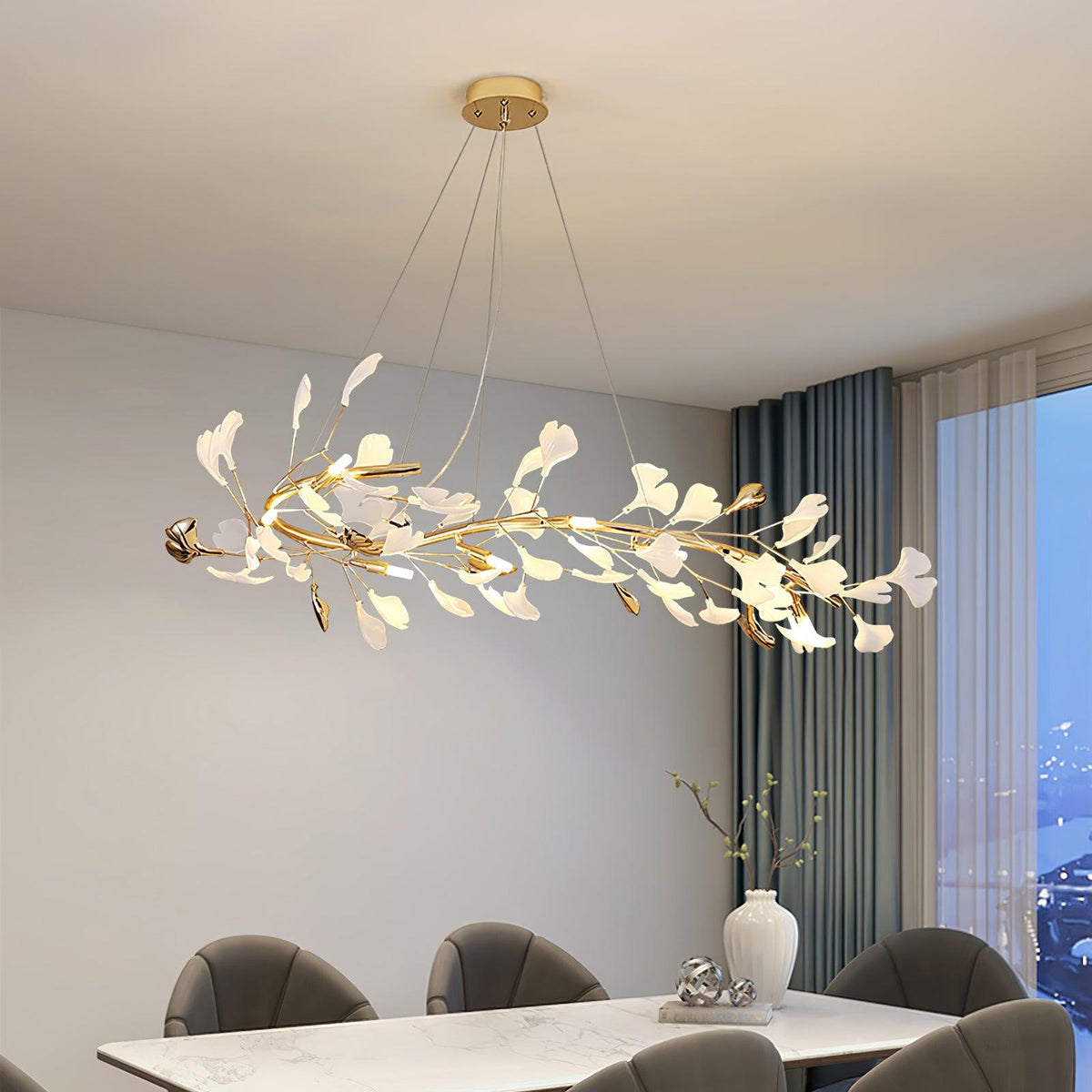 Gingko Garland Chandelier – Hand-Cast Porcelain Leaves in Brushed Gold