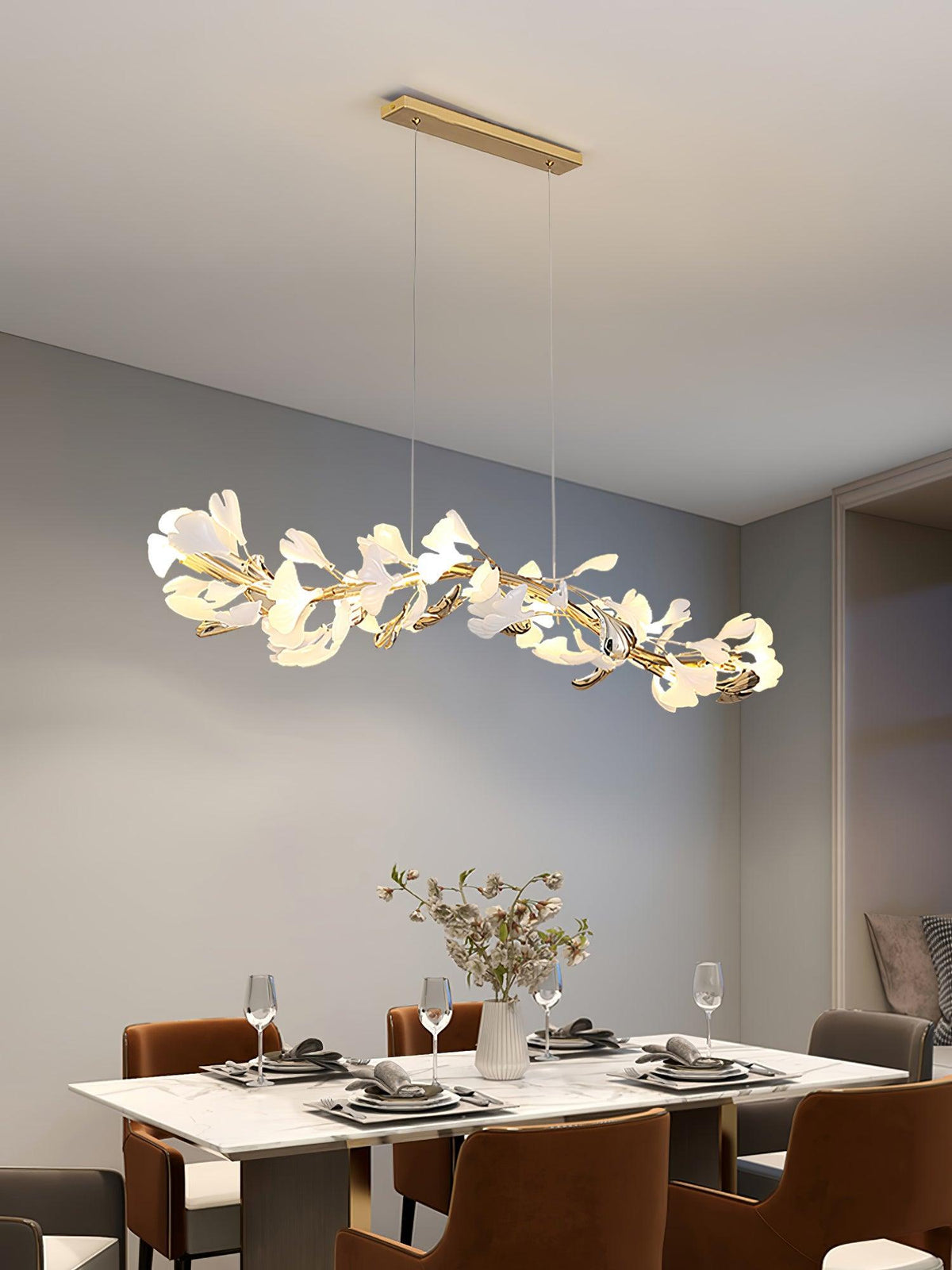 Gingko Garland Chandelier – Hand-Cast Porcelain Leaves in Brushed Gold