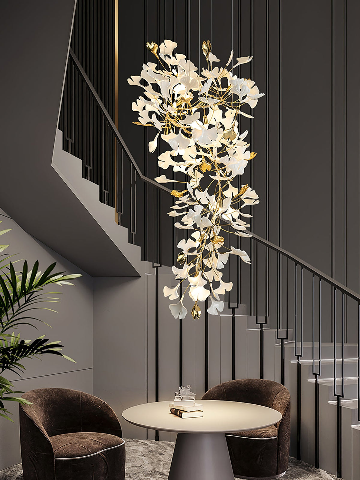 Gingko Drape Chandelier — Porcelain Ginkgo Leaves on Brass Branches