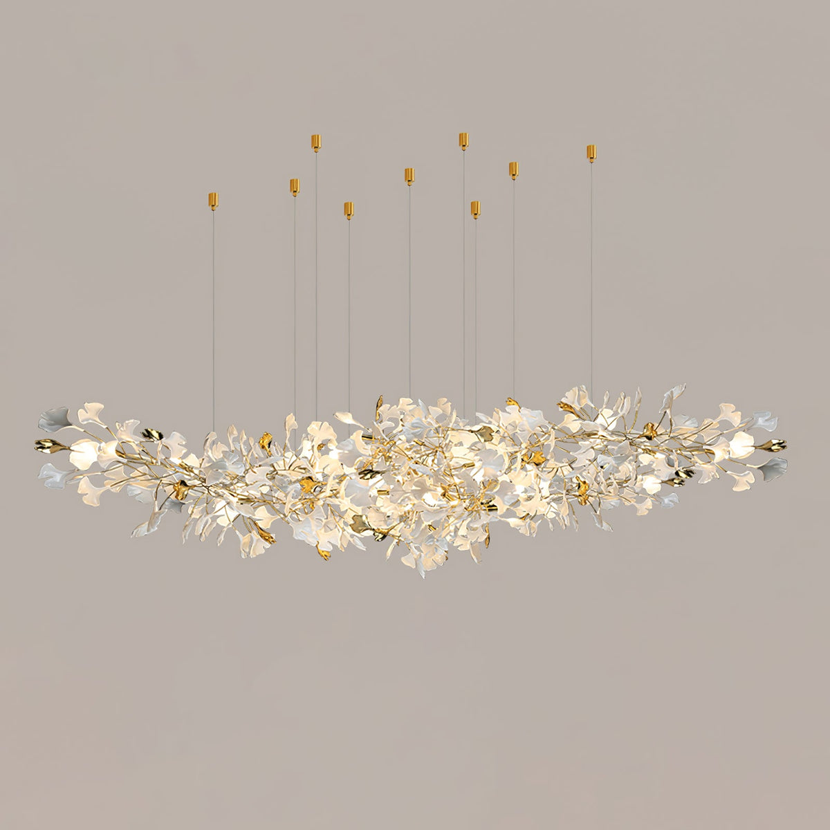 Gingko Drape Chandelier — Porcelain Ginkgo Leaves on Brass Branches
