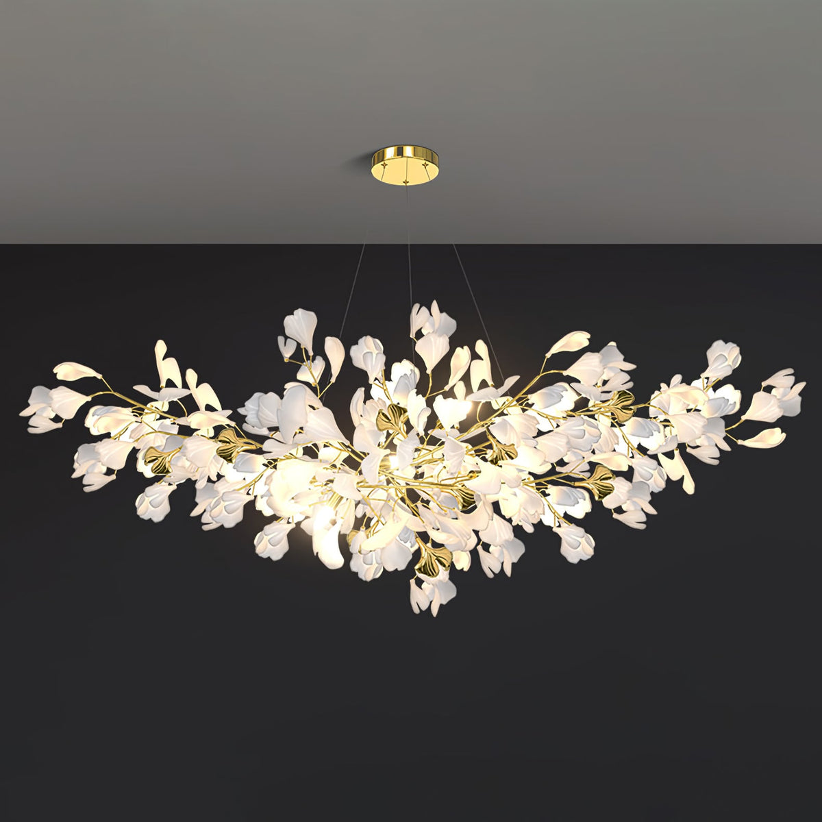Gingko Drape Chandelier — Porcelain Ginkgo Leaves on Brass Branches