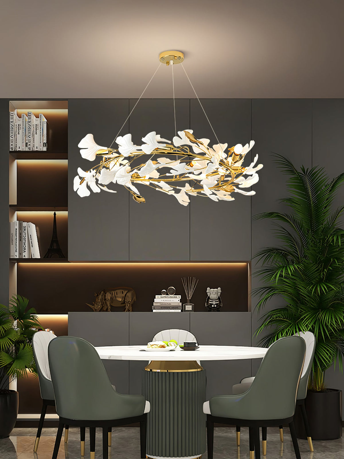 Gingko Drape Chandelier — Porcelain Ginkgo Leaves on Brass Branches