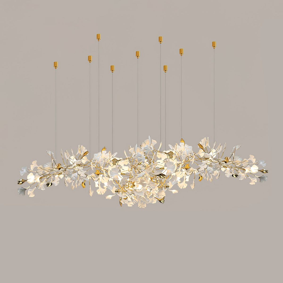 Gingko Drape Chandelier — Porcelain Ginkgo Leaves on Brass Branches