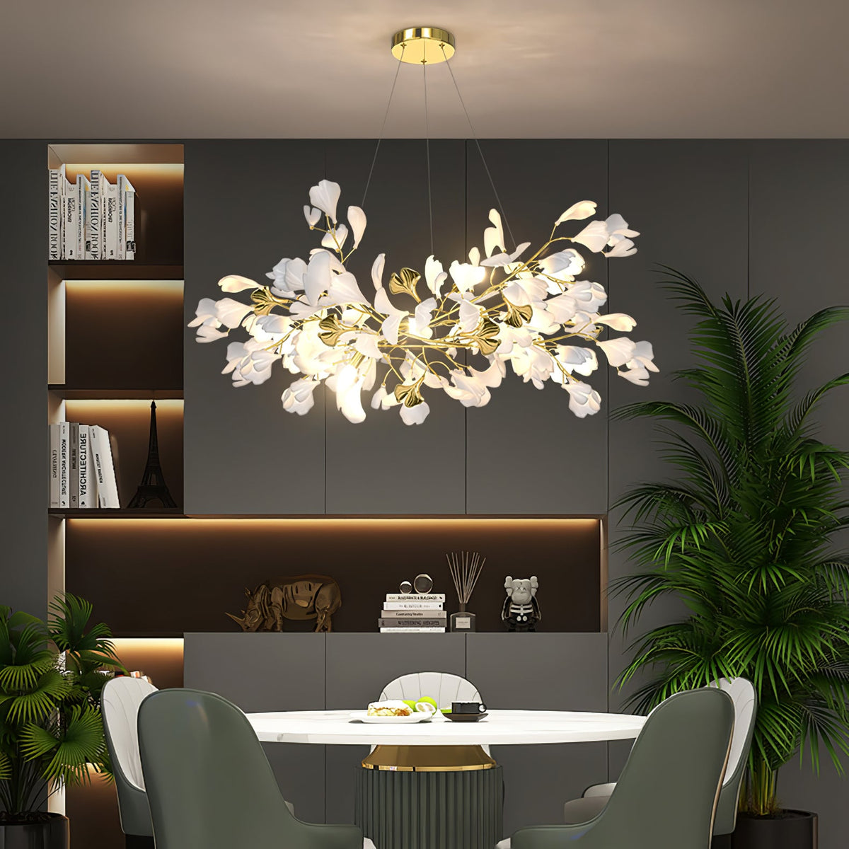 Gingko Drape Chandelier — Porcelain Ginkgo Leaves on Brass Branches