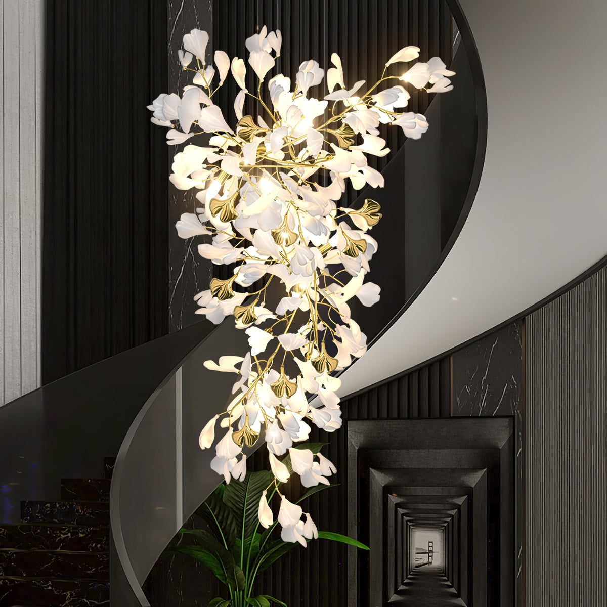 Gingko Drape Chandelier — Porcelain Ginkgo Leaves on Brass Branches
