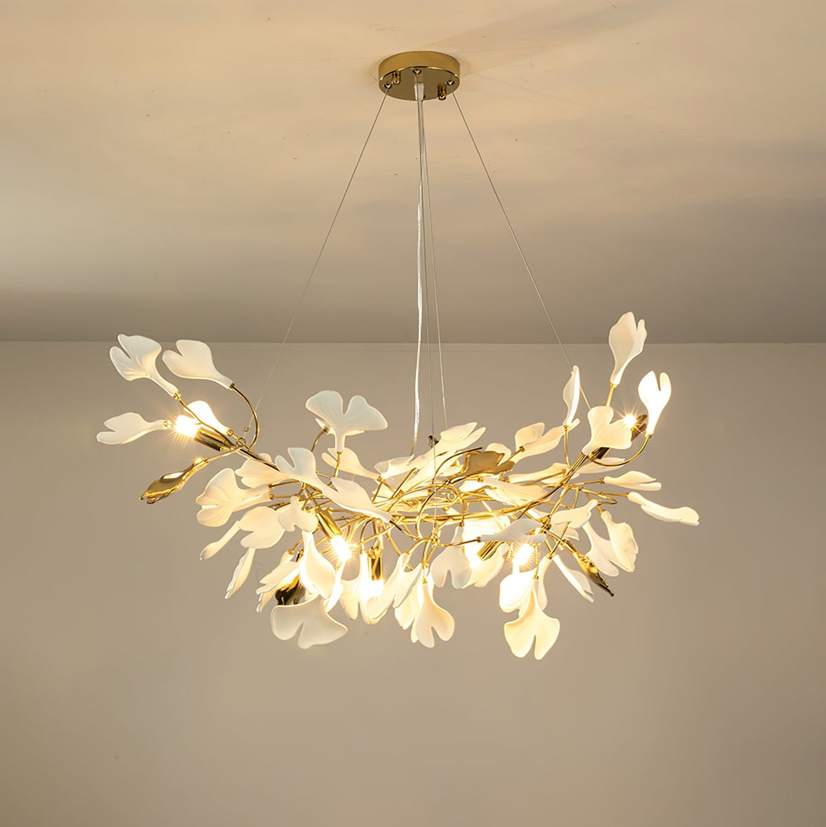 Gingko Drape Chandelier — Porcelain Ginkgo Leaves on Brass Branches