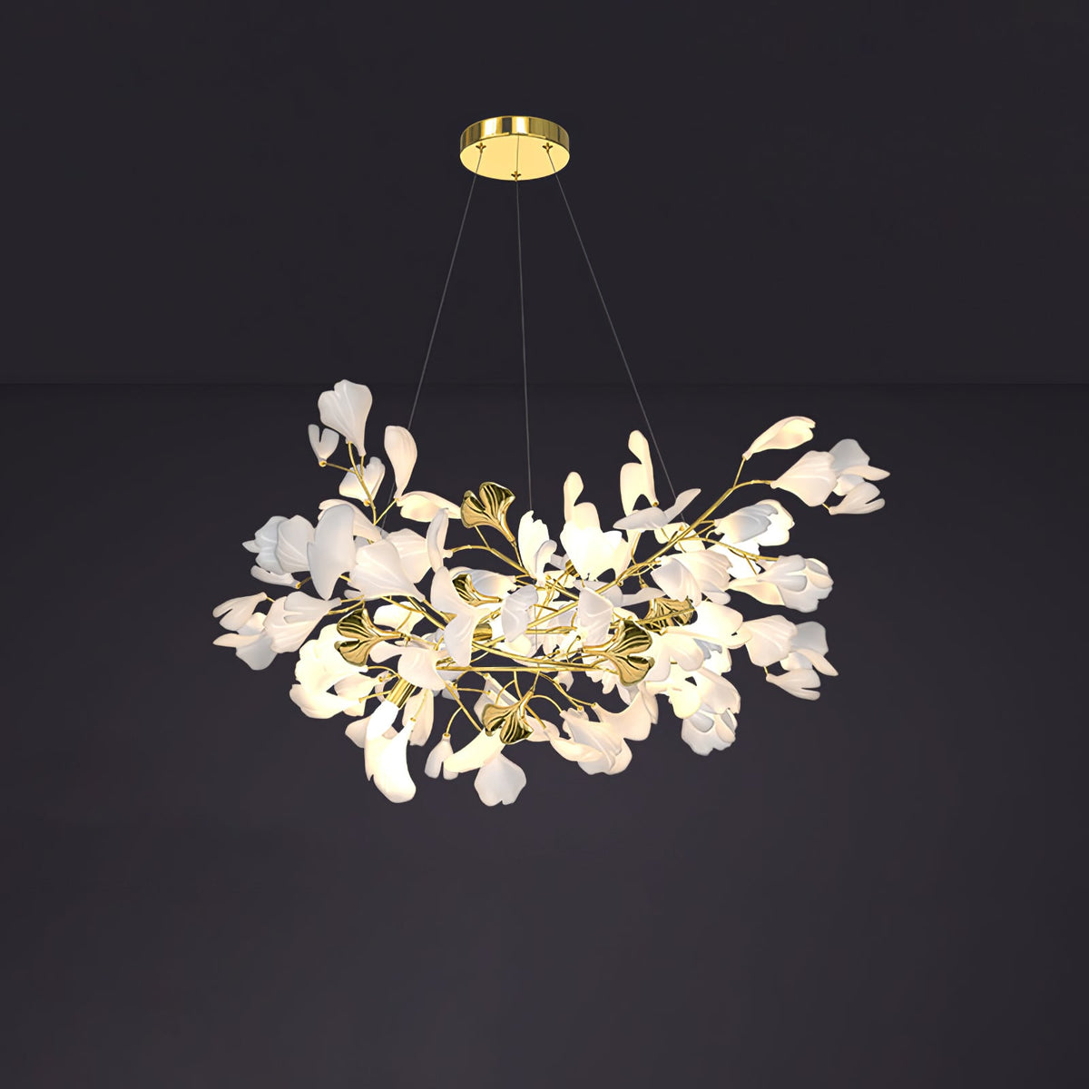 Gingko Drape Chandelier — Porcelain Ginkgo Leaves on Brass Branches