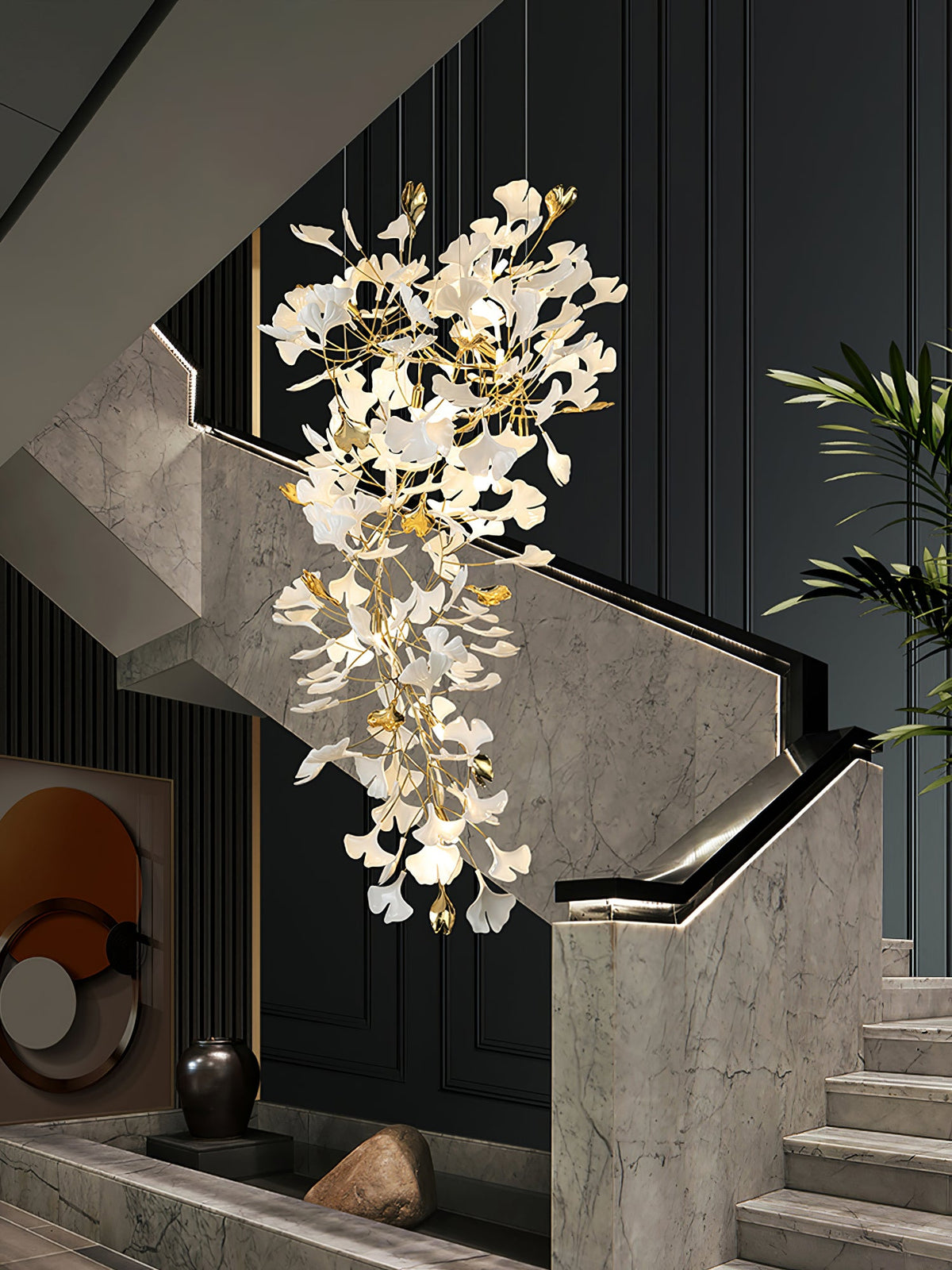 Gingko Drape Chandelier — Porcelain Ginkgo Leaves on Brass Branches
