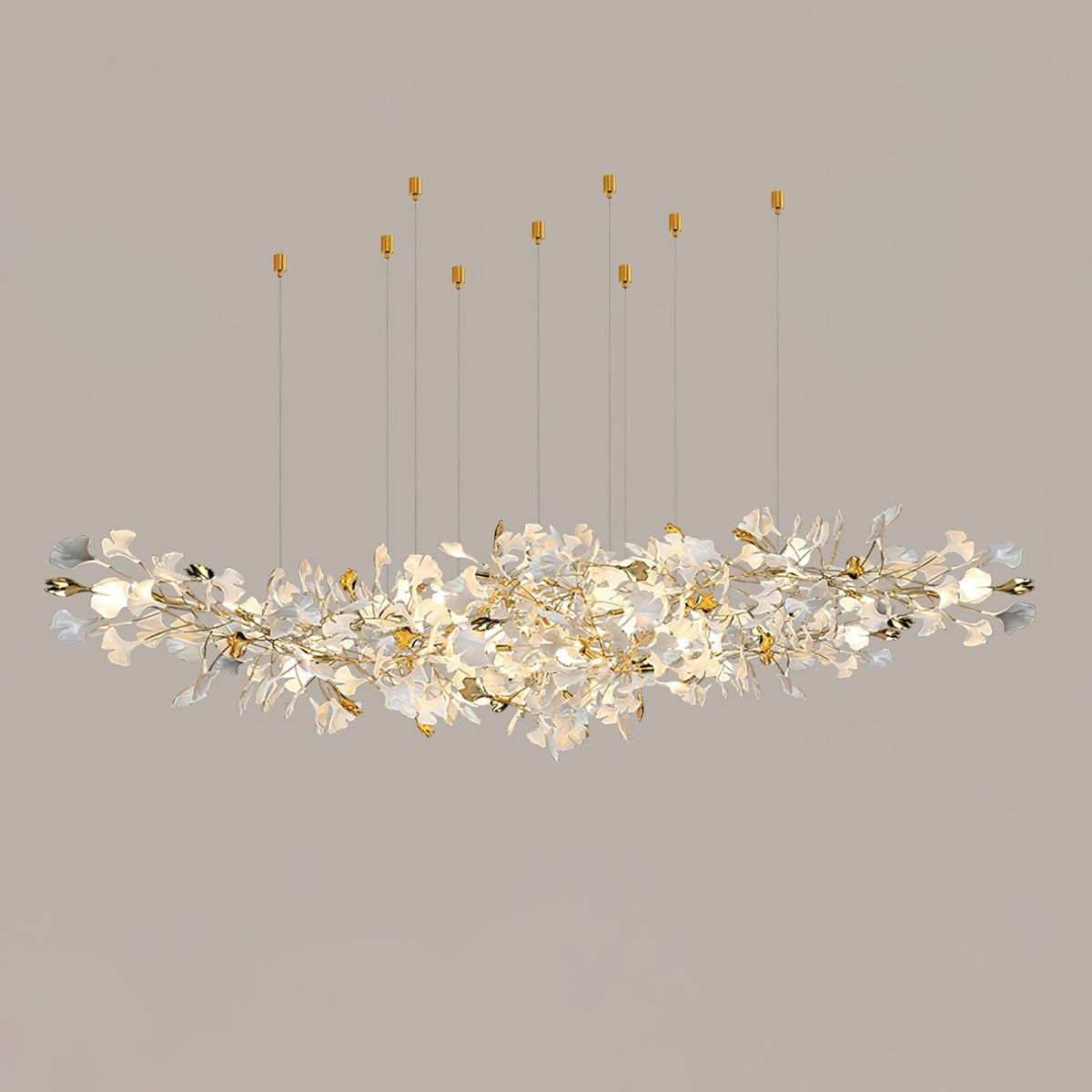 Gingko Drape Chandelier — Porcelain Ginkgo Leaves on Brass Branches